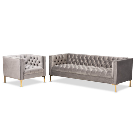 BAXTON STUDIO Zanetta Gray Velvet Gold Finished 2-Piece Sofa and Lounge Chair Set 153-9689-8324